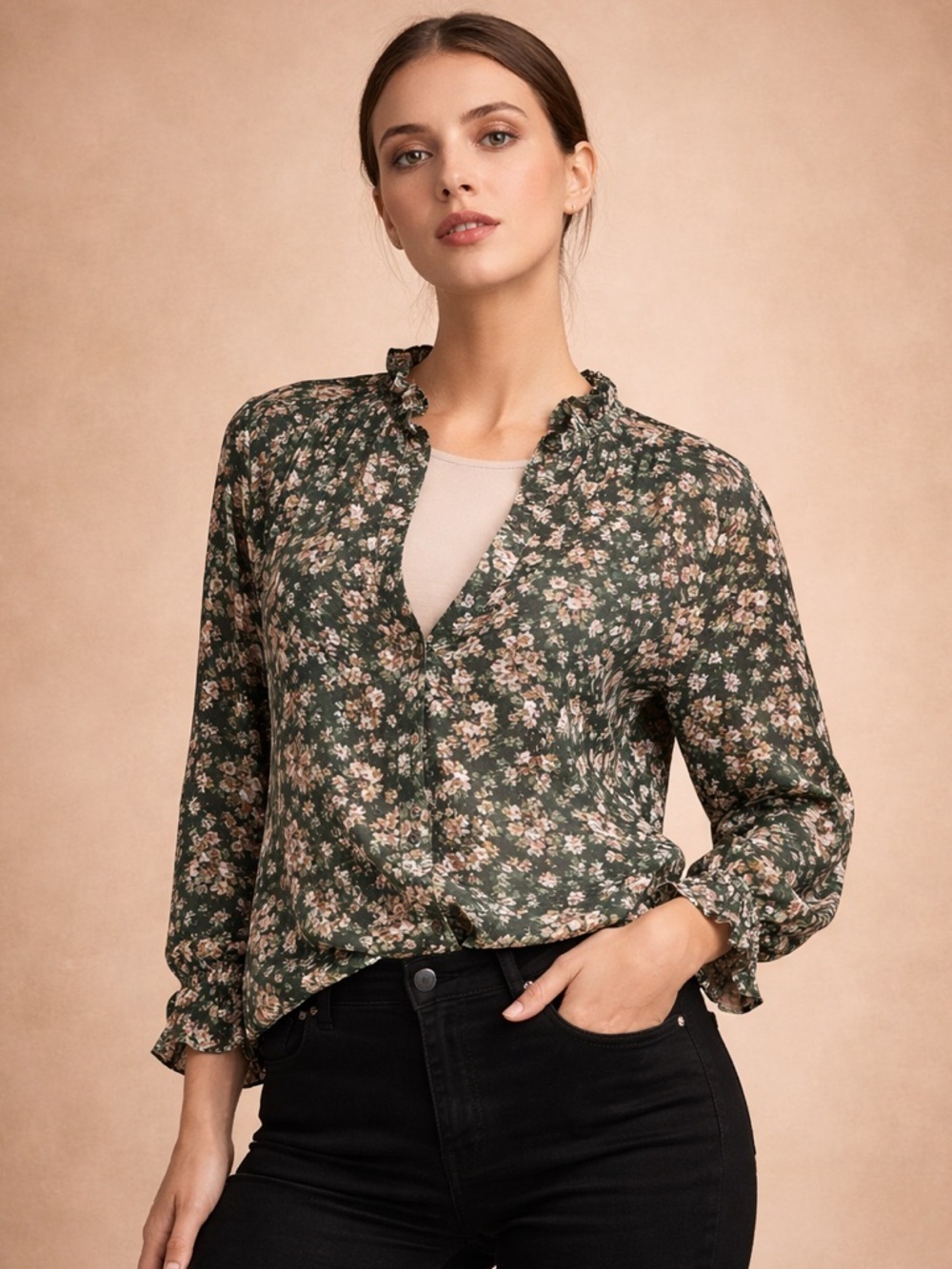Entro Green Floral Boho Blouse Tie Neck Peasant Top Small